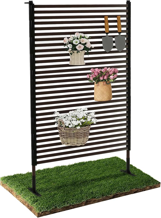 Outdoor Privacy Screen Fence with Feet Stand 4FT x 6FT, Freestanding Fence Privacy Screen for Outside, Metal Pipes and Slats Panels Divider Stake for Garden Patio Balcony Backyard Brown