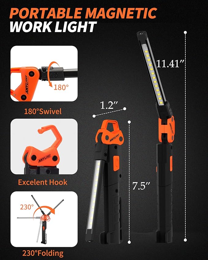 Led Work Light,400LM Foldable Mechanic Light, Rechargeable Flashlight with 5 Modes, 230° Rotate and Hook Magnetic Light for Car Repair, Camping, Grill（2 Pack Upgrade）
