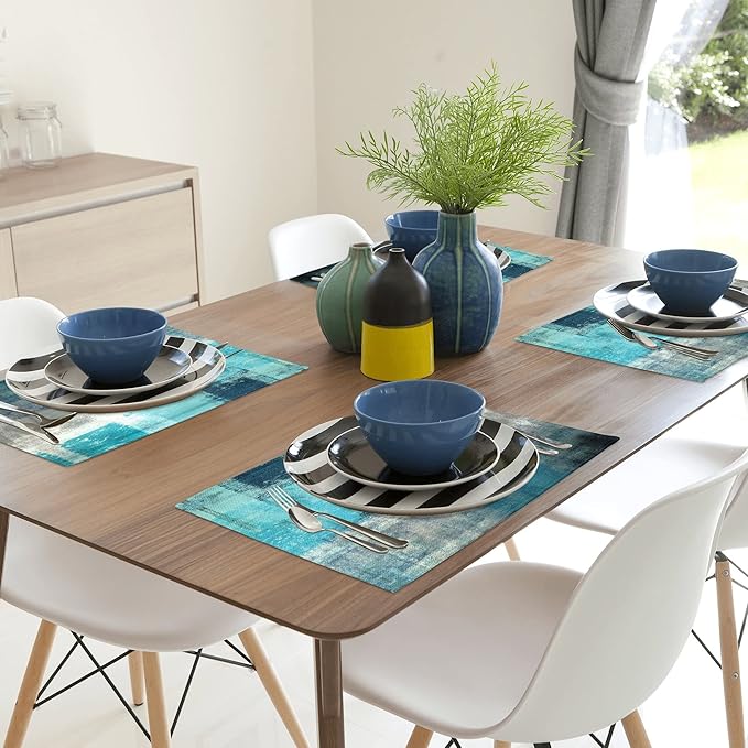 Modern Art Placemats Set of 4 Turquoise Abstract Painting Place Mats Washable Linen Teal Placemat for Kitchen Dining Table Party Home Decor 18x12 Inches