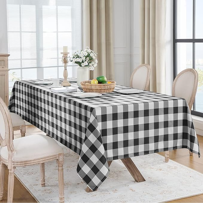 Softalker Gingham Checkered Tablecloth Rectangle - Outdoor Waterproof Buffalo Plaid Table Cloth, Stain Resistant Washable Table Cover for Picnic, Camping - Black and White, 2 Pack - 60 x 84 Inch