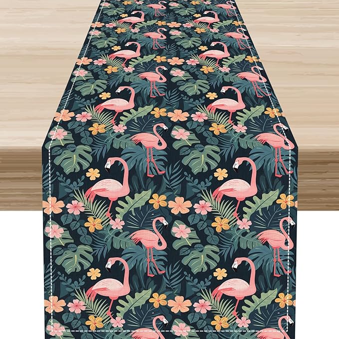 Tropical Flamingo Table Runner,Hawaii Seasonal Floral Spring Summer Green Plants Table Center Decor for Family Kitchen and Living Room Outdoor Farmhouse Party Table Decorations, 13"x90"