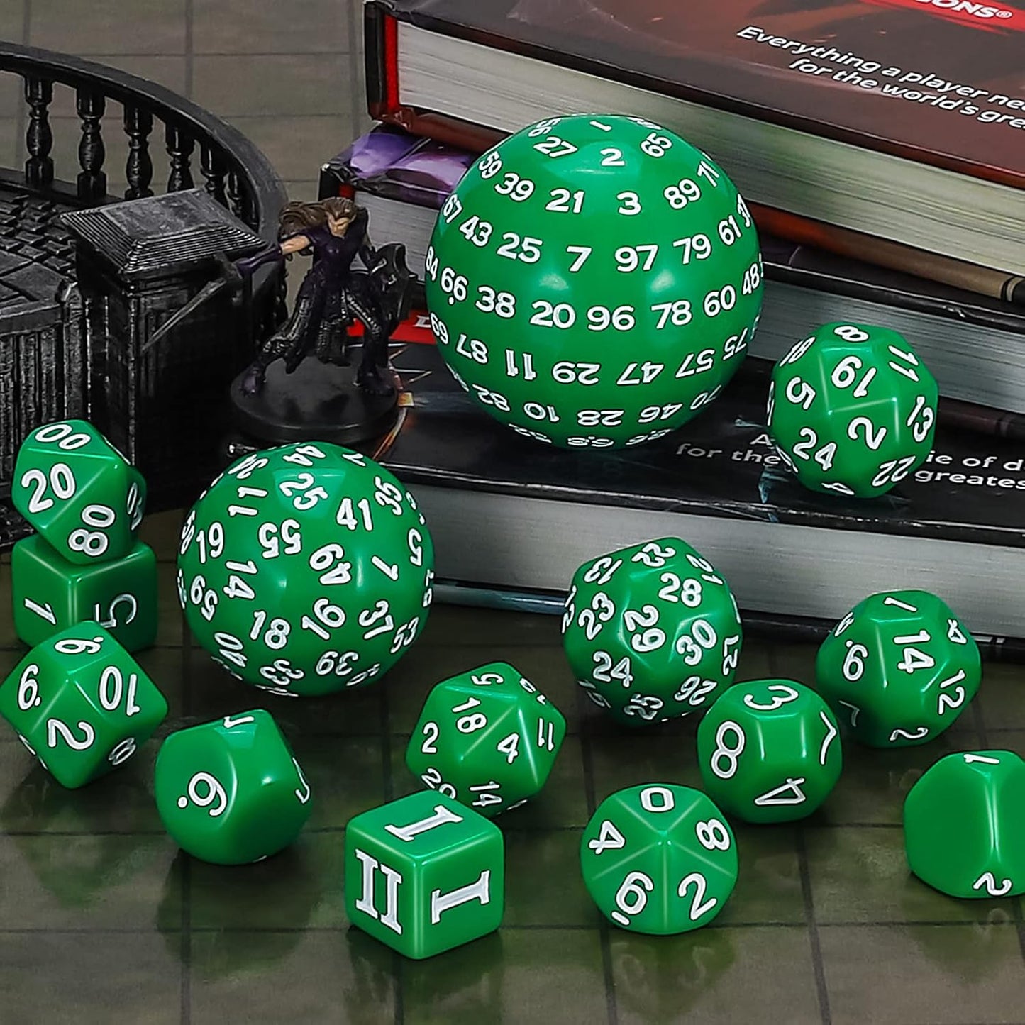 CiaraQ DND Polyhedral Dice Set (15pcs) D4-D100 Game Dice with Dice Bag for Dungeons and Dragons Role Playing Table Games (Green & White)