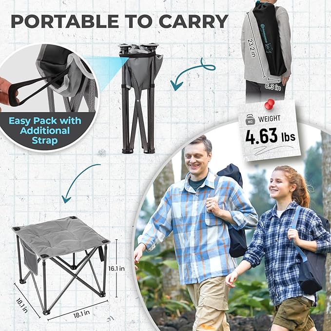 FUNDANGO Oversized Camping Stool for Adults,Thick Padded 18.1 Inch Folding Ottoman Foot Rest, 440 Lbs Heavy Duty Outdoor Camp Chairs with Anti-Slip Foots & Carry Bag for Fishing Travel (Grey)