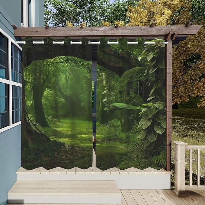 Nature Theme Outdoor Curtains for Patio Waterproof,Forest Pattern,Light Filtering Curtains Outside Curtains for Porch, Gazebo, Pergola, Backyard,Set of 2 Panels,54 x 108 inch,Green