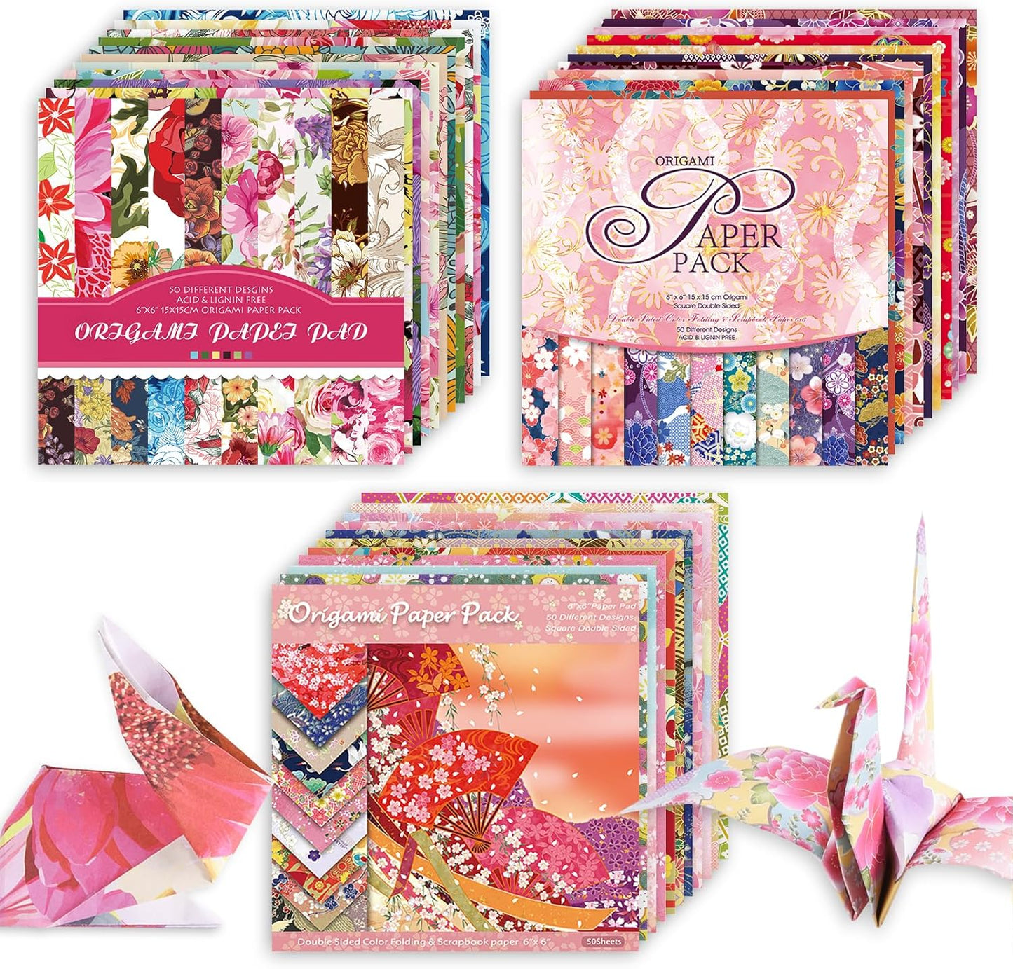 Origami 6x6 Paper Kit 150 Sheets 150 Vivid Colors Double Sided Same Printed Traditional Patterns Square for Arts Crafts Projects Japan Traditional Chiyo.Ethnic Flowers