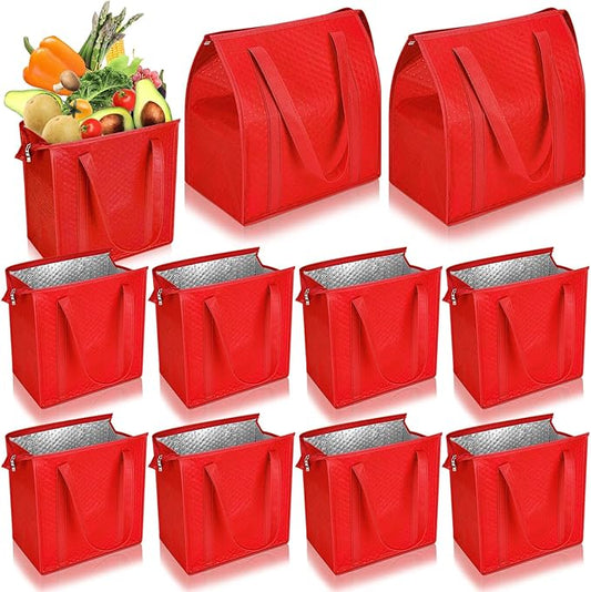 10 Pack Large Insulated Grocery Bags Reusable Shopping Bags with Zippered Top 13 x 12 x 7 Inch Thermal Cooler Totes Bulk with Handles for Hot Cold Food Delivery Refrigerator(Red)