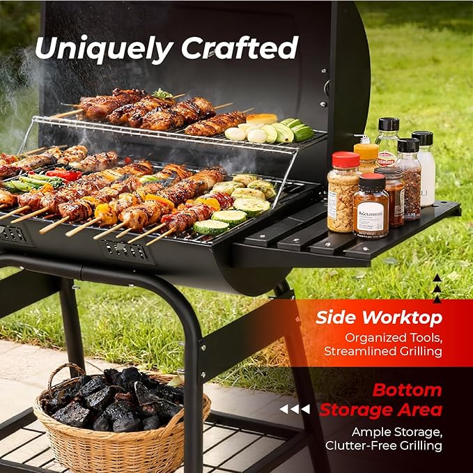 Outvita Barrel Charcoal Grill with Warming Rack, Outdoor BBQ Grill with Side Front Table with Spacious Cooking Grid Area for Backyard Patio Picnic Parties Camping, Black