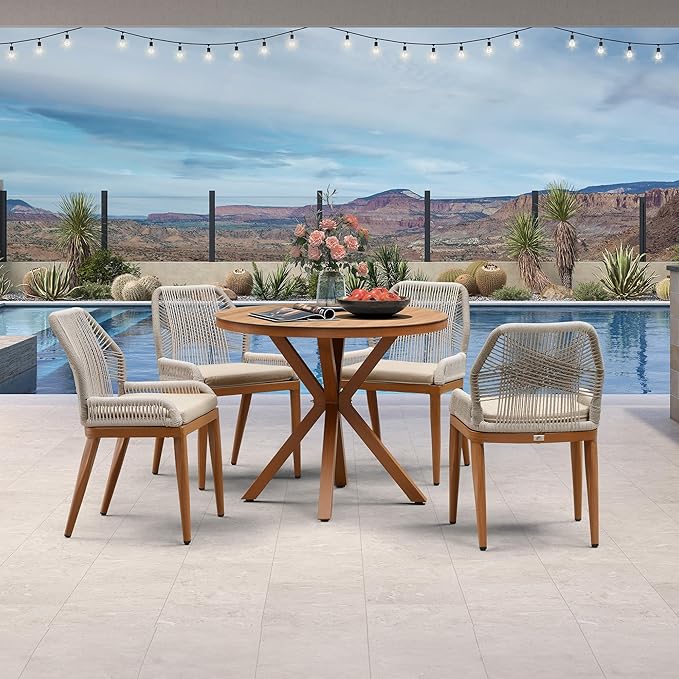 PURPLE LEAF 5 Pieces Round Dining Set Patio Aluminum Modern Round Table and Wicker Chairs with Cushions for Kitchen Porch Garden Outdoor Furniture Set with Counter Stools