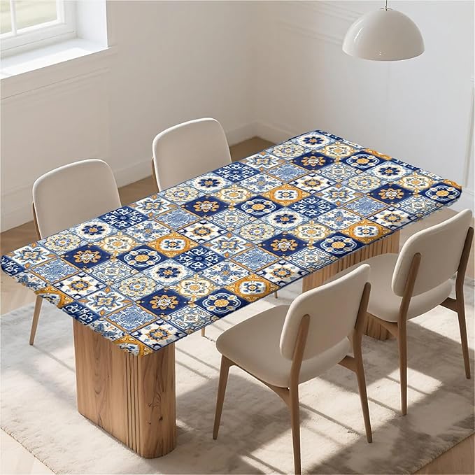 Rectangle Table Cloth Cover Waterproof Elastic Fitted Polyester Fitted Tablecloths for 8 Foot Tables for Indoor,Picnic, Camping, Outdoor （96" x 30"，Bohemian Style）