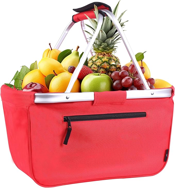 Picnic Basket, SIYUAN Collapsible Shopping Basket 24L Portable Grocery Basket with 2 Handles Reusable Folding Market Basket Large Christmas Basket, Cherry Red