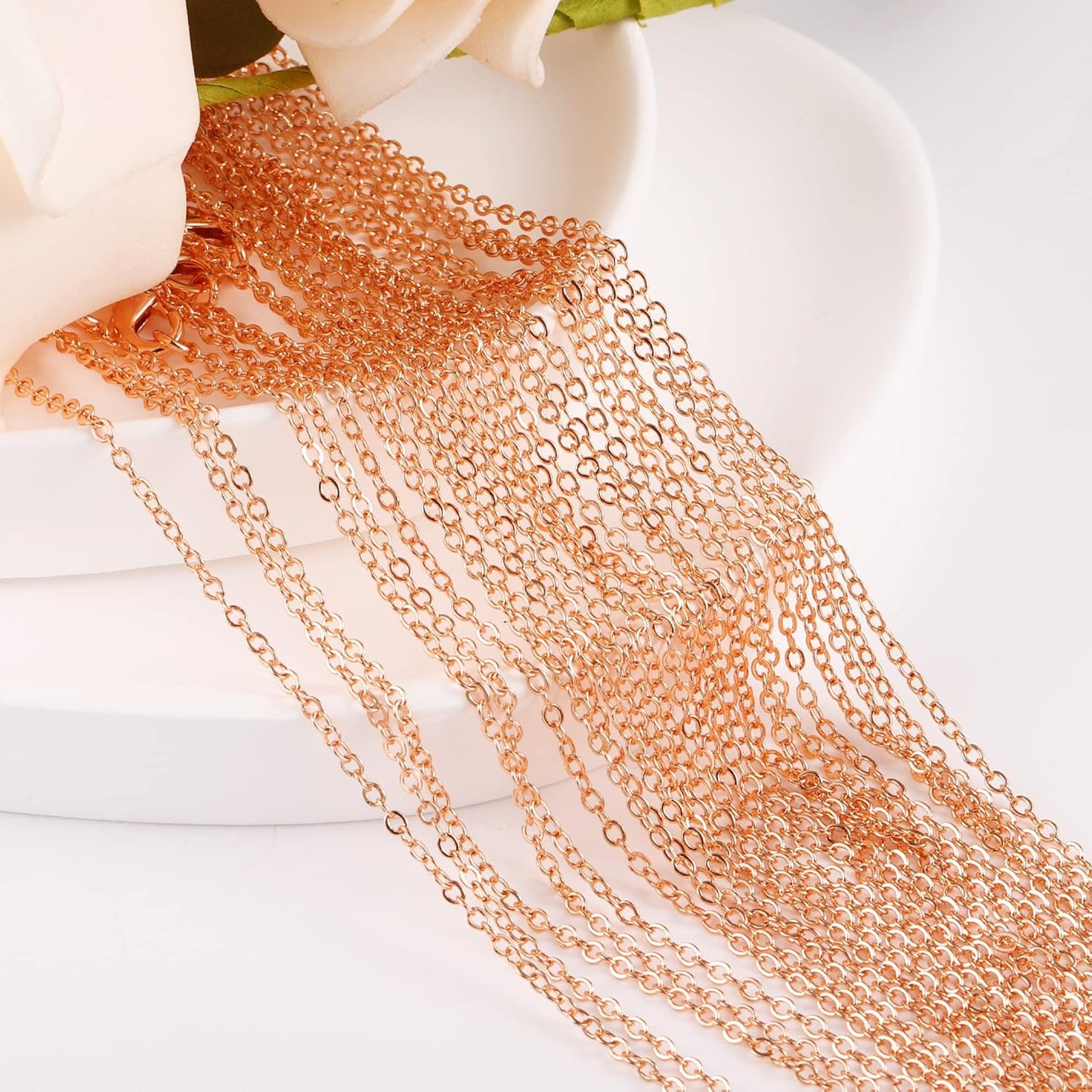 ALEXCRAFT Wholesale 12PCS Rose Gold Plated Solid Brass Chain Hypoallergenic Flat Cable Chains Link Bulk for Jewelry Making (20"(2.0MM))