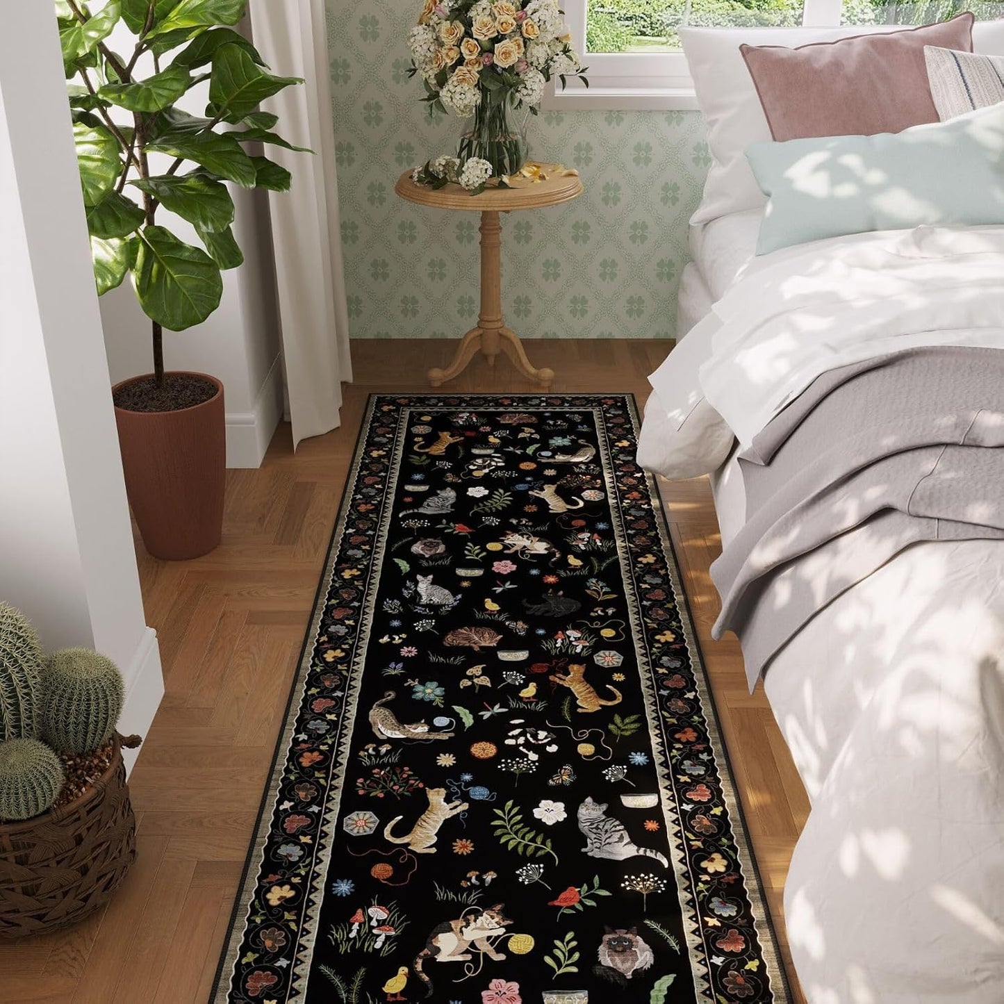 Rugcomf Runner Rug for Kitchen Non Slip 2'x6' Washable Rugs with Rubber Backing Soft Floral Animal Cat Carpet Runner for Kitchen Laundry Bedroom Bathroom, Black