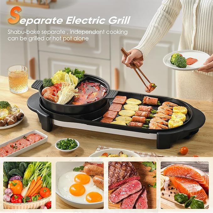 2 in 1 Electric Smokeless Hot Pot with Grill, 2200W Removable Hotpot Pot, Korean BBQ and Shabu Indoor Combo,Non-Stick Skillet Pan, Dual Adjustable Temperature, 1-6 People