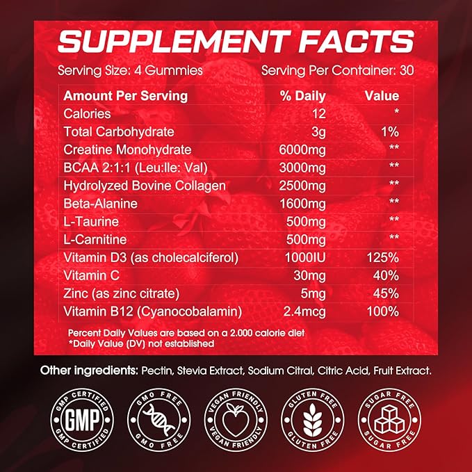 Creatine Monohydrate Gummies 6000MG Pre-Workout for Women, Sugar Free Creatine Gummies with Collagen, BCAA 2:1:1for Muscle Support, Enhance Strength & Booty, Non-GMO, Gluten-Free, 120 Counts