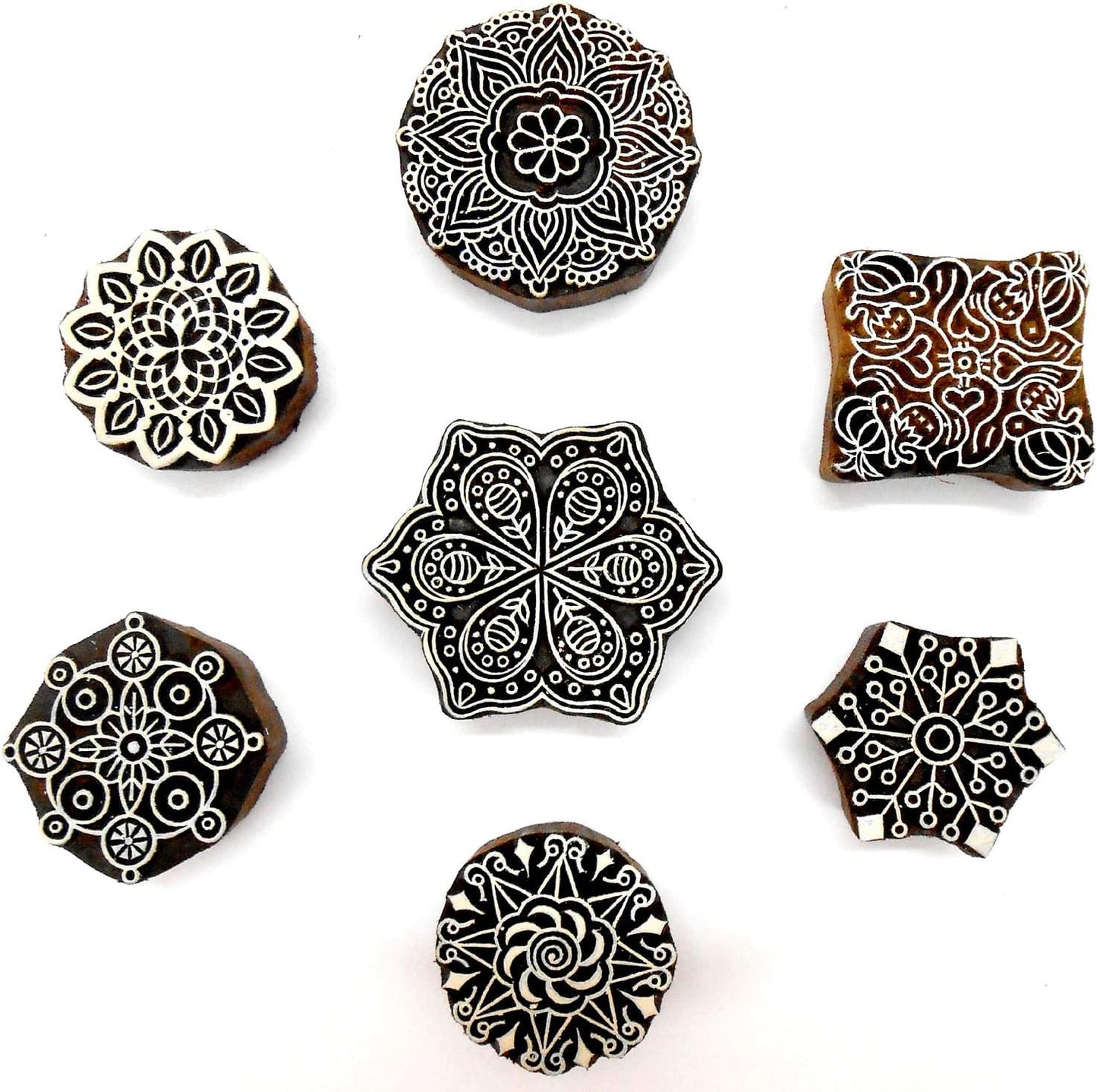 Crafts of India Rangoli Design Wooden Blocks for Stamping, Block Printing on Textiles, Pottery Crafts,Henna, Scrapbooking, Wall Painting: Set of 7pcs