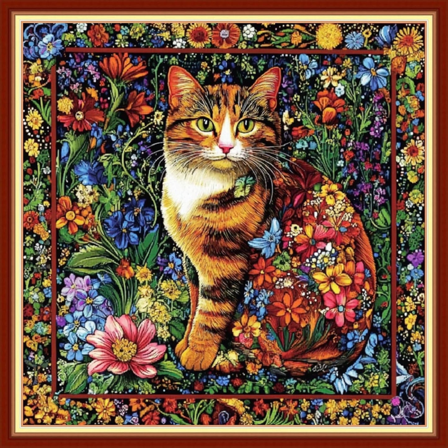 Foxhool Beginners Cross Stitch Kits Stamped Full Range of Embroidery Kits for Adults DIY Cross Stitches kit Embroidery Patterns for Needlepoint kit-Colorful Flower Cat 18x18 inch