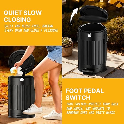 Dog Poop Trash Can Outside, 20L/5Gal Metal Outdoor Trash Can with Lid, Foot Pedal, Dog Waste Container with 20 Bags, Pet Poop Bucket with Soft Close for Backyard Odor Control, Round Black