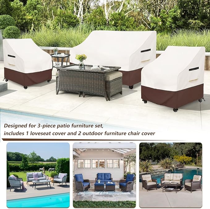 Patio Furniture Covers,3 Piece Heavy Duty Waterproof Outdoor Furniture Cover,Outdoor Furniture Covers for Patio Furniture,Includes 2 Patio chair covers 30in and 1 Patio loveseat cover 58in,Beige