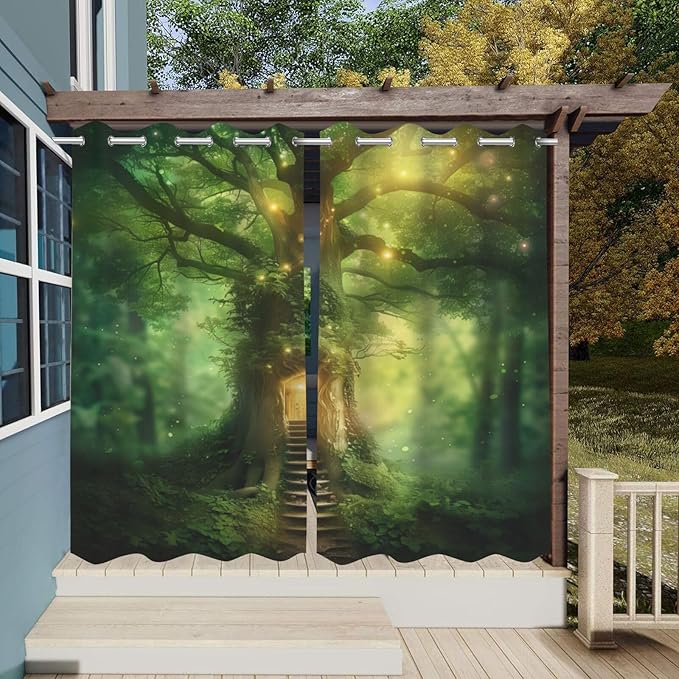Fantasy Theme Waterproof Outdoor Curtains for Patio,Forest Pattern,Privacy Curtains for Porch Pergola Arbor Lanai Pool House Outside Deck,2 Panels,54 x 84 inch,Green