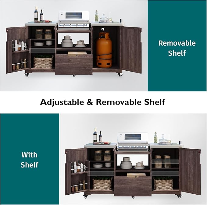 Merax 66.5" Outdoor Grill Table for Big Green Egg, Farmhouse Kitchen Island on Wheels with Stainless Steel Tabletop, Drawer and Spice Rack, Solid Wood Outdoor Storage Cabinet for Backyard, Dark Brown