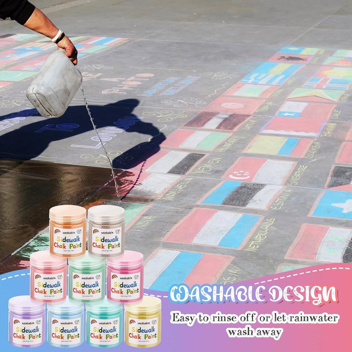 Faccito 9 Pcs Sidewalk Chalk Paint Kit Non Toxic Paint Washable Powdered Chalks Mix in Water 9 Vibrant Colors with Paintbrush for Creative Sidewalk and Chalkboard Fun