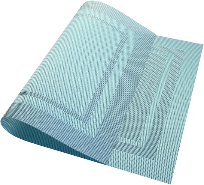 PIGCHCY Heat Insulation Non Slip Plastic Placemats,Washable Easy to Clean Woven Vinyl Kitchen Stain Resistant Placemats for Dining Table Set of 4(Sky Blue)