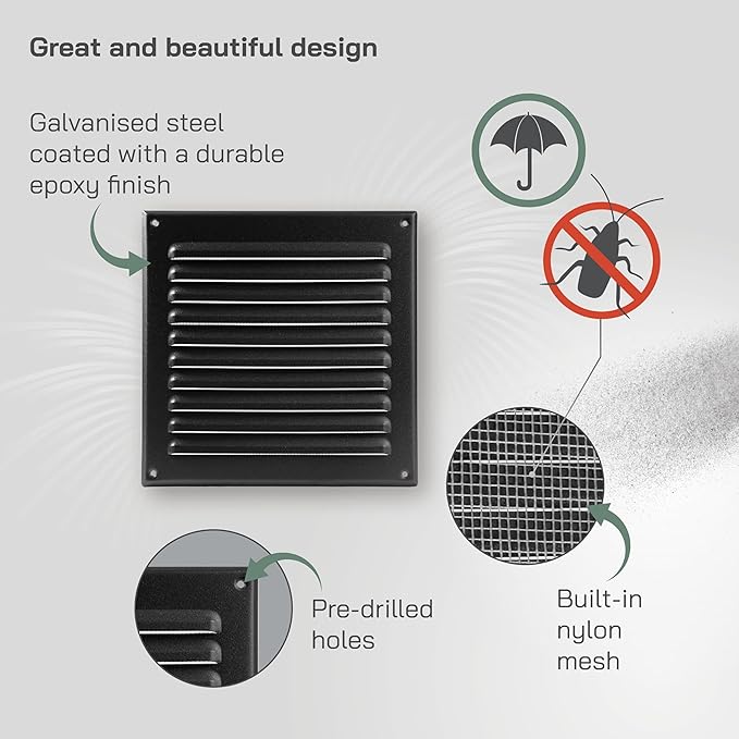 Vent Systems 8 x 8 Inch (Inner) Black Metal Soffit Vent Cover - Durable Square Air Vent Grille with Mesh Screen - Weather Resistant Ventilation Grill - Wall & Ceiling, Indoor & Outdoor