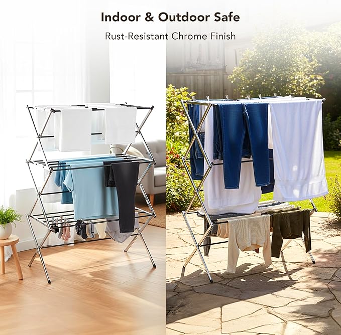 Displays By Jack Portable Collapsible Clothing Dryer Rack, Foldable Drying Rack for Clothes, Lingerie, Towels, Linens, Laundry Home Apartment Must Haves, Metal Chrome Finish