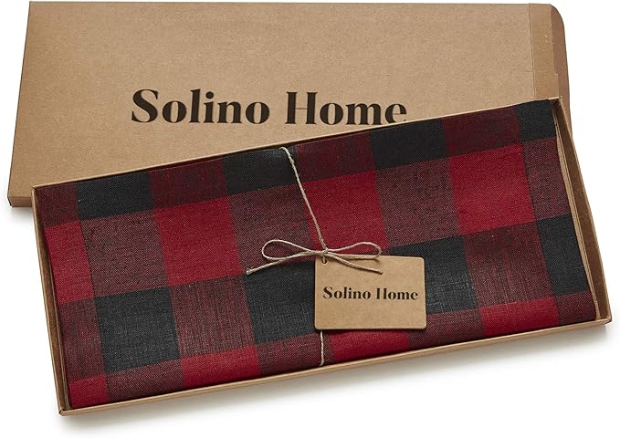 Solino Home Linen Checkered Table Runners 90 Inches Long - 100% Pure Linen Red and Black Buffalo Check Table Runner 14 x 90 Inch Ideal for Dining, Winter