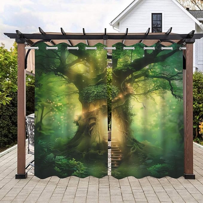 Fantasy Theme Waterproof Indoor/Outdoor Curtains,Forest Pattern,Privacy, Grommet Curtains for Patio, Pergola, Porch, Deck, Lanai, and Cabana,2 Panel,W54 x L96,Green
