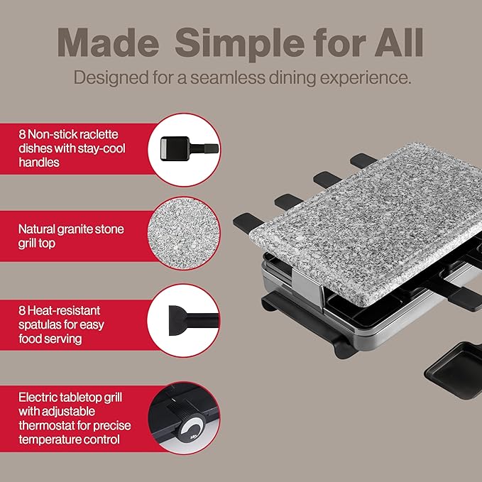 Swissmar Stelvio Raclette Party Grill with Granite Stone Non-Stick Grill Plate/Crepe Top, Outdoor & Indoor Electric BBQ Grill, Samgyupsal Griller - Brushed Stainless Steel - 8-Person - Silver