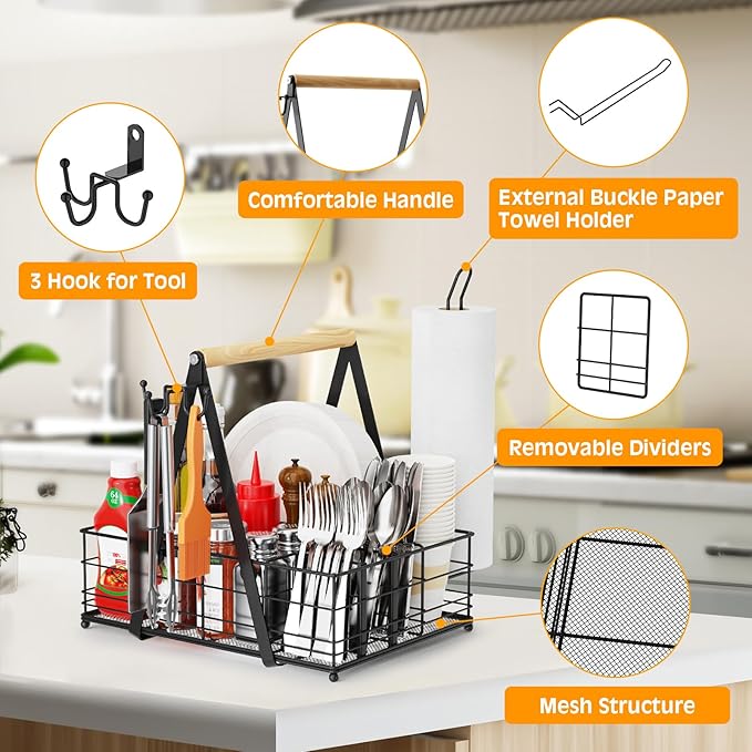 Grill Caddy with Paper Towel Holder, Picnic BBQ Condiment Utensil Organizer Caddy for Camping, Rv, Camping Accessories, Camping Essential, Camper Must Haves, Barbecue Tool Sets