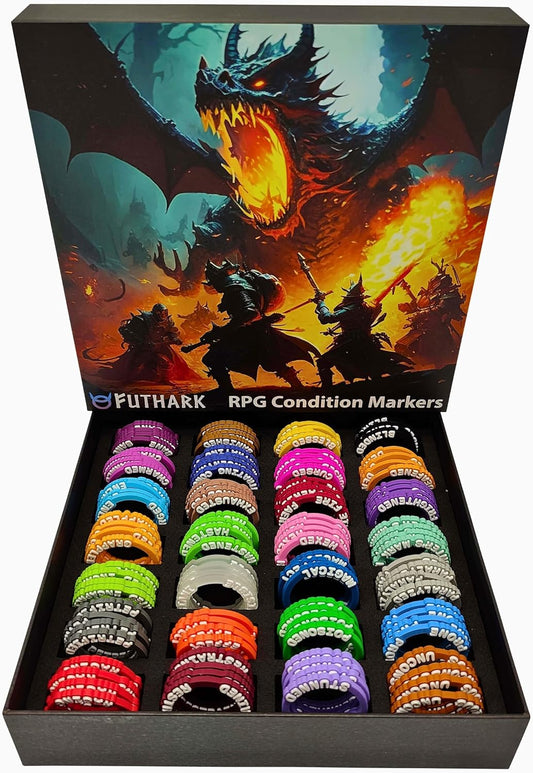 Futhark DND Condition Rings Set: 112 Vibrant DND Condition Markers to Eliminate Confusion - Great DND Gift in Exceptional Storage Box - RPG Accessories for Unforgettable Dungeons and Dragons Nights
