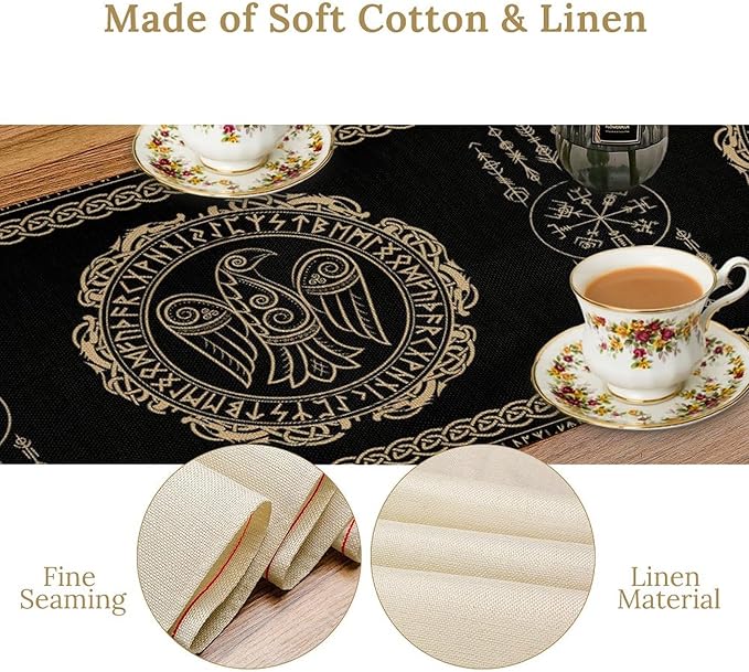 Nordic Vikings Table Runner, Viking Raven Rune Mythology Aesthetic Table Runner for Outdoor Kitchen Dining Home Party 13x108in