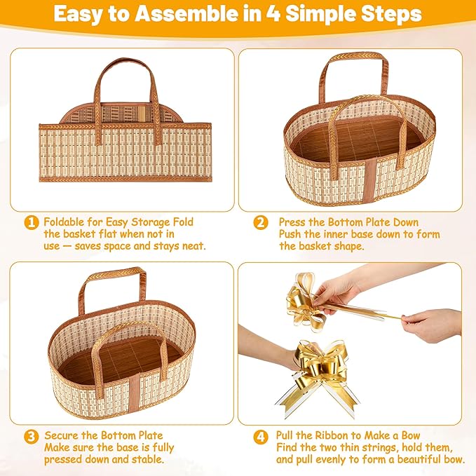 Leevcok 2 Set Baskets for Gifts Empty, Large Bamboo Gift Basket with Handle, Foldable Reusable Decorative Woven Basket for Christmas, Baby Shower, Mother's Day, Housewarming, Wedding