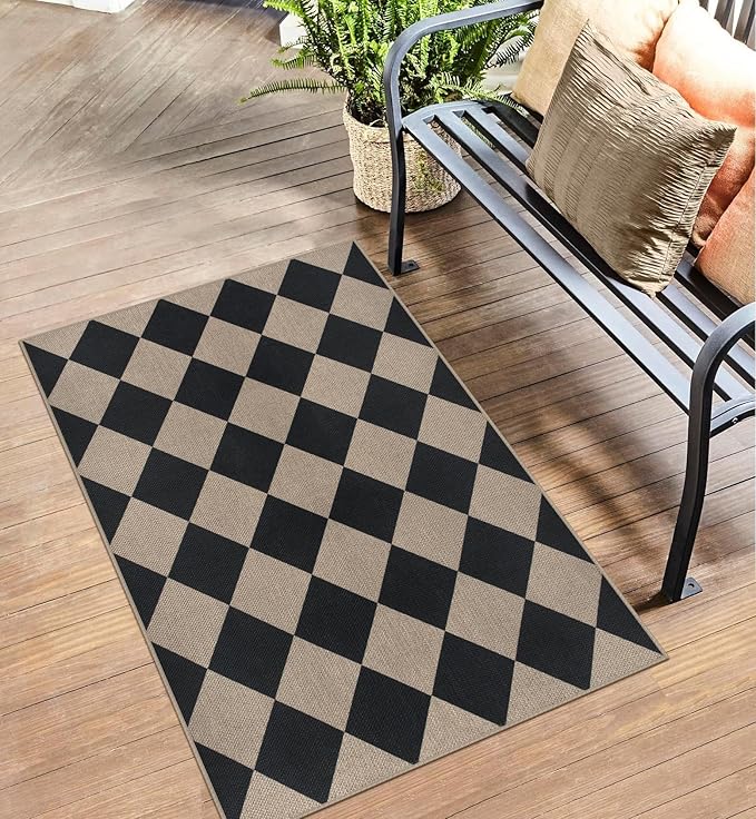 Easy Jute Checkered Entryway Rug, 2.6x4 Black Modern Indoor Outdoor Doormat, Washable Non-Slip Neutral Kitchen Rug Farmhouse Diamond Throw Rugs for Entrance Bedroom Bathroom