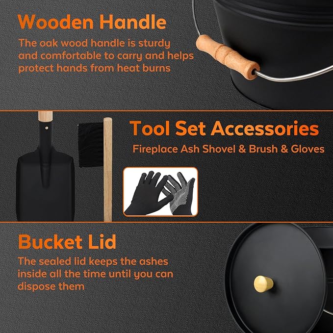 Small Ash Bucket with Lid and Shovel, Metal Fireplace Ash Bucket with Broom, Complete Fireplace Tools Set for Wood Stove and Fireplace, Black
