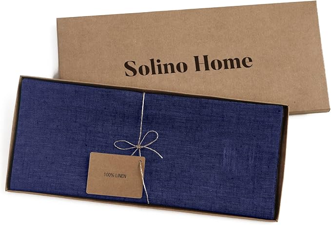 Solino Home Linen Table Runner 72 Inches Long - Athena, 100% Pure Linen Chambray Navy 14 x 72 Inch Table Runner for Dining, Spring, Winter