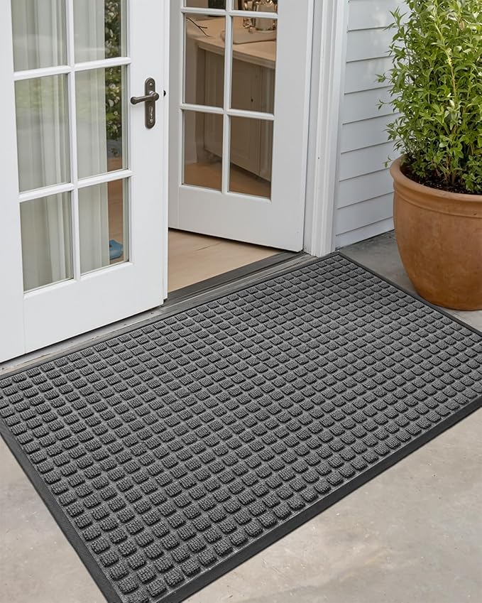 DEXI Front Door Mat Outside Entrance, 3x5 ft Rubber Entry Doormat Heavy Duty, Welcome Mats Non Slip for Inside House Floor Entryway Back Doors Exterior Patio, Squares Grey