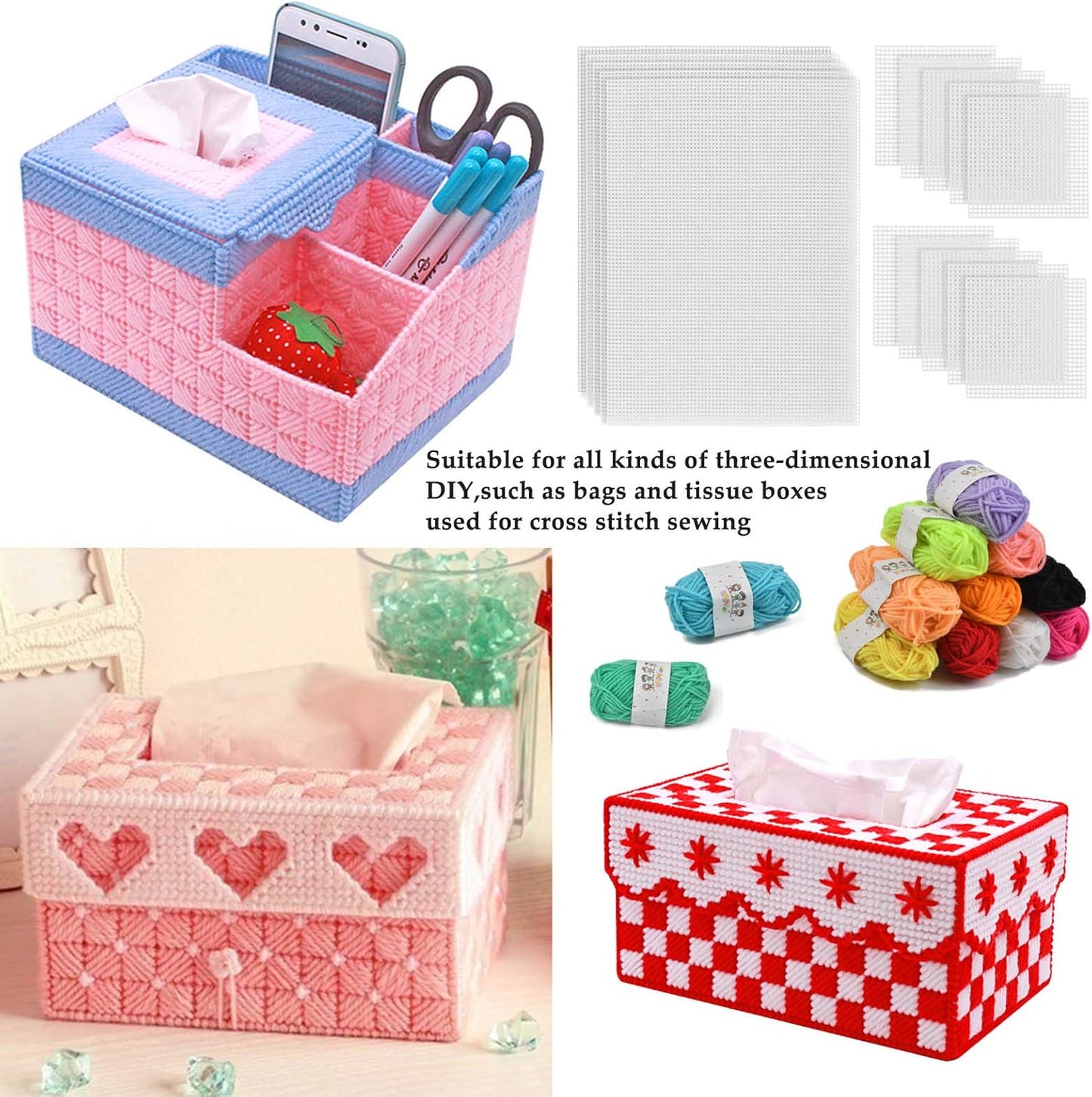 BUYGOO 39Pcs Mesh Plastic Canvas Sheets Kit Including 15 Pieces Clear Plastic Canvas, 12 Color Acrylic Yarn and Embroidery Tools for Embroidery Plastics Canvas Craft