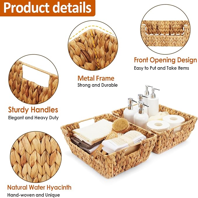 Wicker Baskets 2 Pack, Water Hyacinth Wicker Storage Basket with Handles, Pantry Baskets Organization and Storage, Handmade Large Wickers Baskets for Organizing, Natural