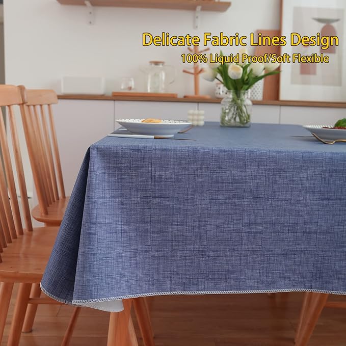 LIBERECOO Vinyl Tablecloth with Flannel Backing, Denim Blue, Waterproof, Stain-Resistant, Easy-Clean Table Cover for Dining, Kitchen, and Outdoor Use, 60" x 102" Rectangle