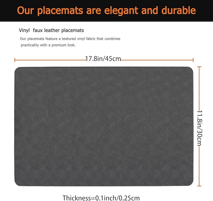 Vinyl Placemats Set of 4 Faux Leather 100% Waterproof Wipeable Washable Place Mats Heat Resistant Easy Clean Non-Slip Table Mats for Indoor Outdoor. (4,Gray)