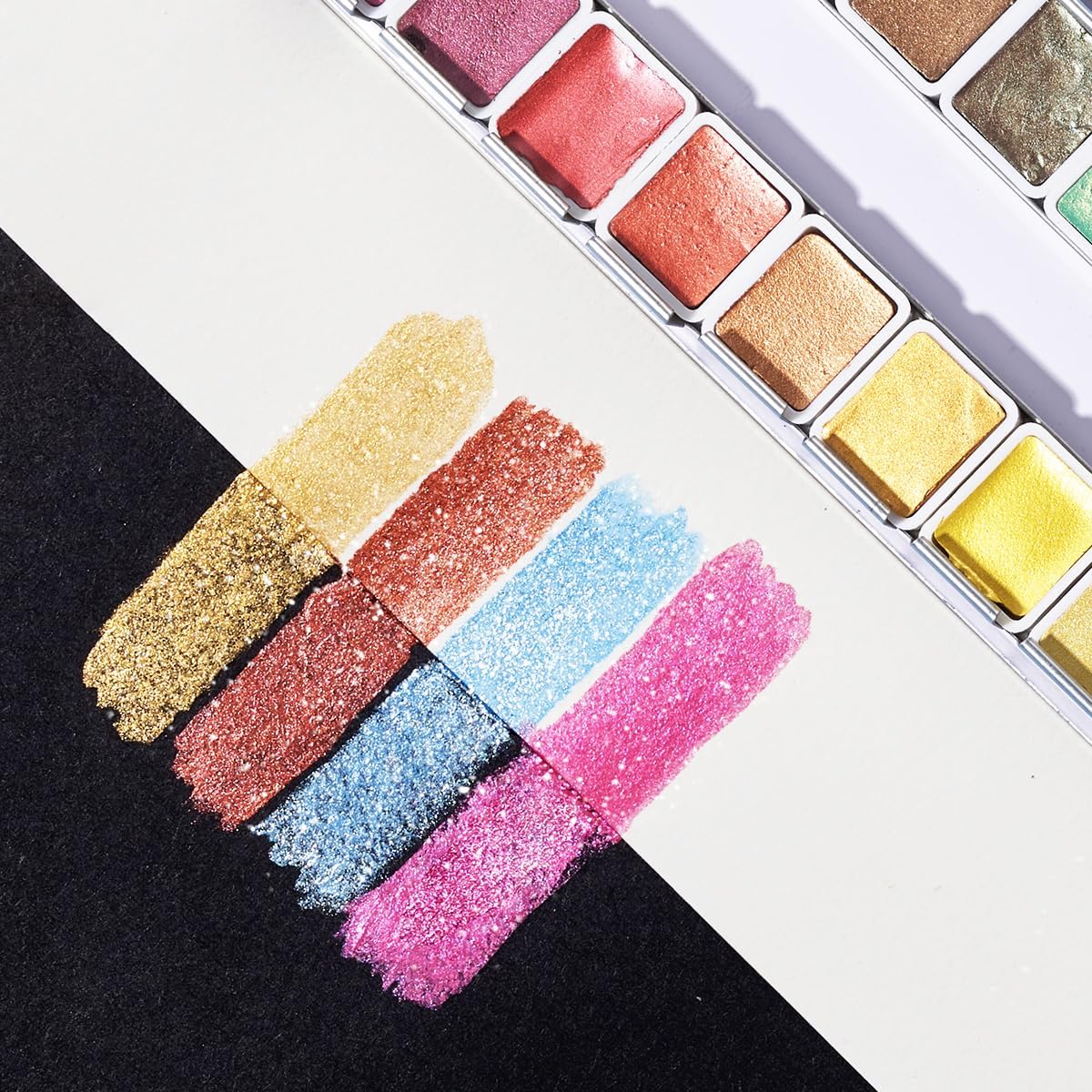 Paul Rubens Professional Metallic Watercolor Paints Set, Pearl Paint, Portable Metal Case with Palette, Set of 24 Half Pans, Art Supplies for Artists, Beginners, Hobbyists, Students