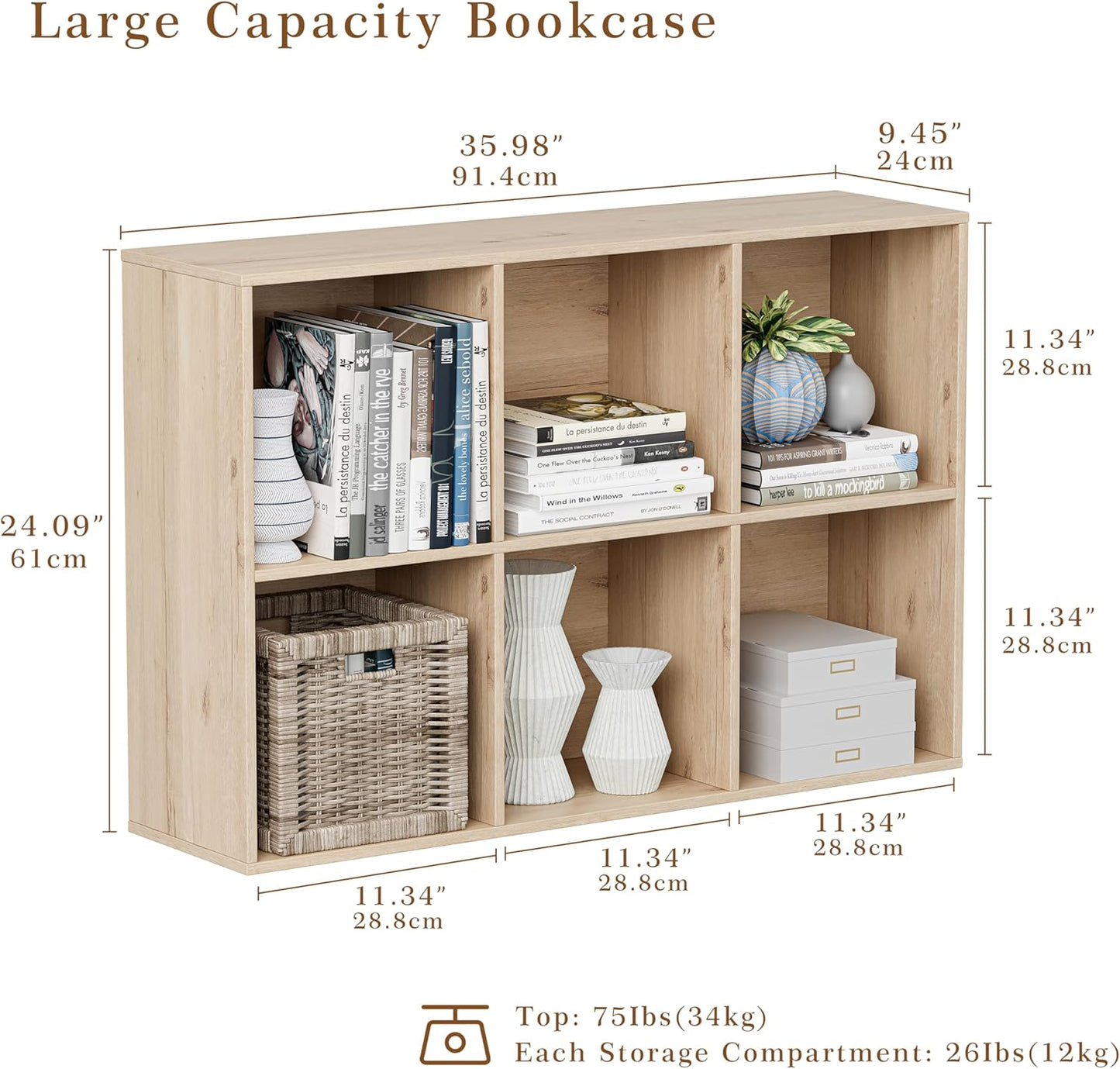 Wooden Cube Storage Organizer with Closed Back Panel, 11in Cube Shelf Opening, Bookshelf, Display Shelf,Closet Cabinet for Home and Office (White Oak, 6-Cube 35.98L*9.45W*24.09H)