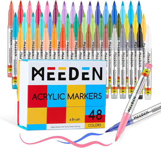MEEDEN Acrylic Paint Markers: 48 Colors Brush Tip Acrylic Markers with Automatic Ink Control System - Visible Large Capacity Water-Based Acrylic Paint Pens for Beginners Artists Adults Halloween Paint
