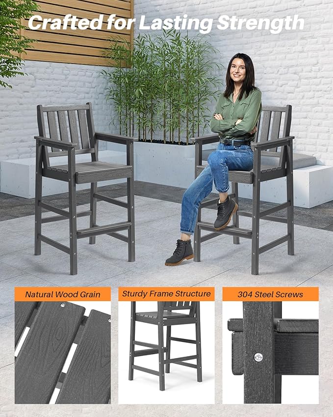 Adirondack Bar Chair Set of 2, HDPE Tall Adirondack Chairs Bar Stools with Footrest, Outdoor Bar Height Stool Chair Set, HDPE Patio Barstools Set for Balcony, Porch, Deck, Pool, Smoke Gray