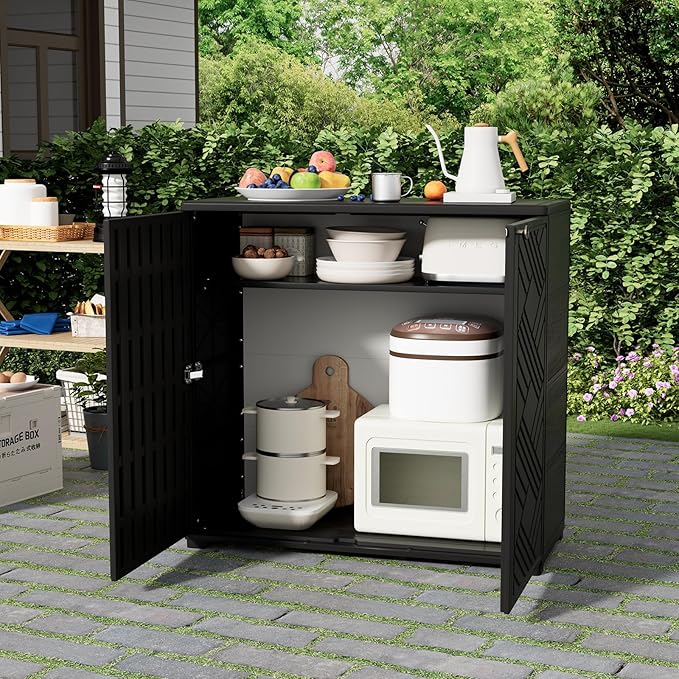 HOMSPARK Indoor/Outdoor Storage Cabinet with Doors and 1 Shelf, 34”x15”x34” HDPE Plastic Storage Box for Bedroom, Bathroom, Living Room, Balcony, Multi-Purpose for Daily Tools, Black