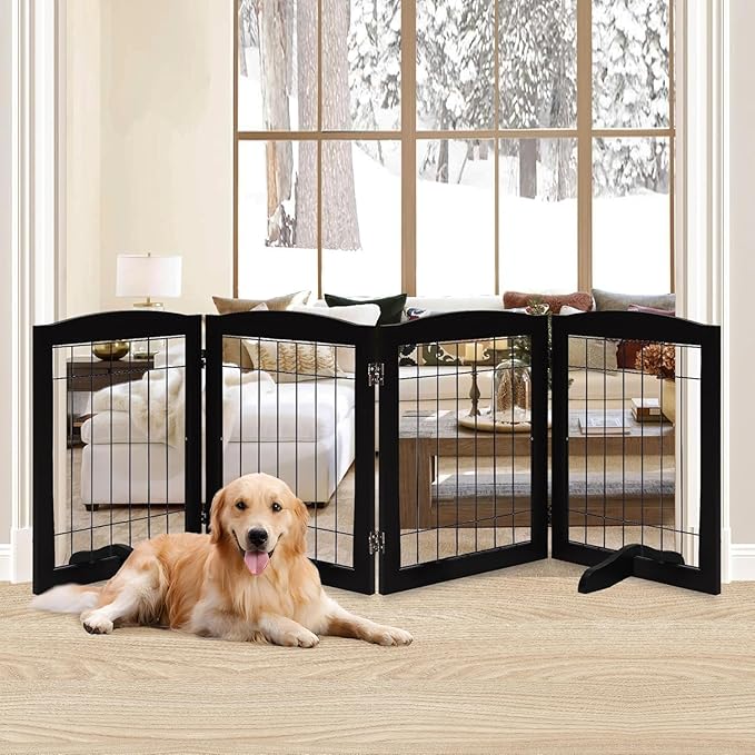 LZRS 4-Panel Freestanding Wooden Dog Gate—Extra Wide 30” Tall Foldable Pet Barrier with Support Feet, Solid Hardwood & Steel Wire Safety Gate for Doorways, Hallways, and Stairs, Black