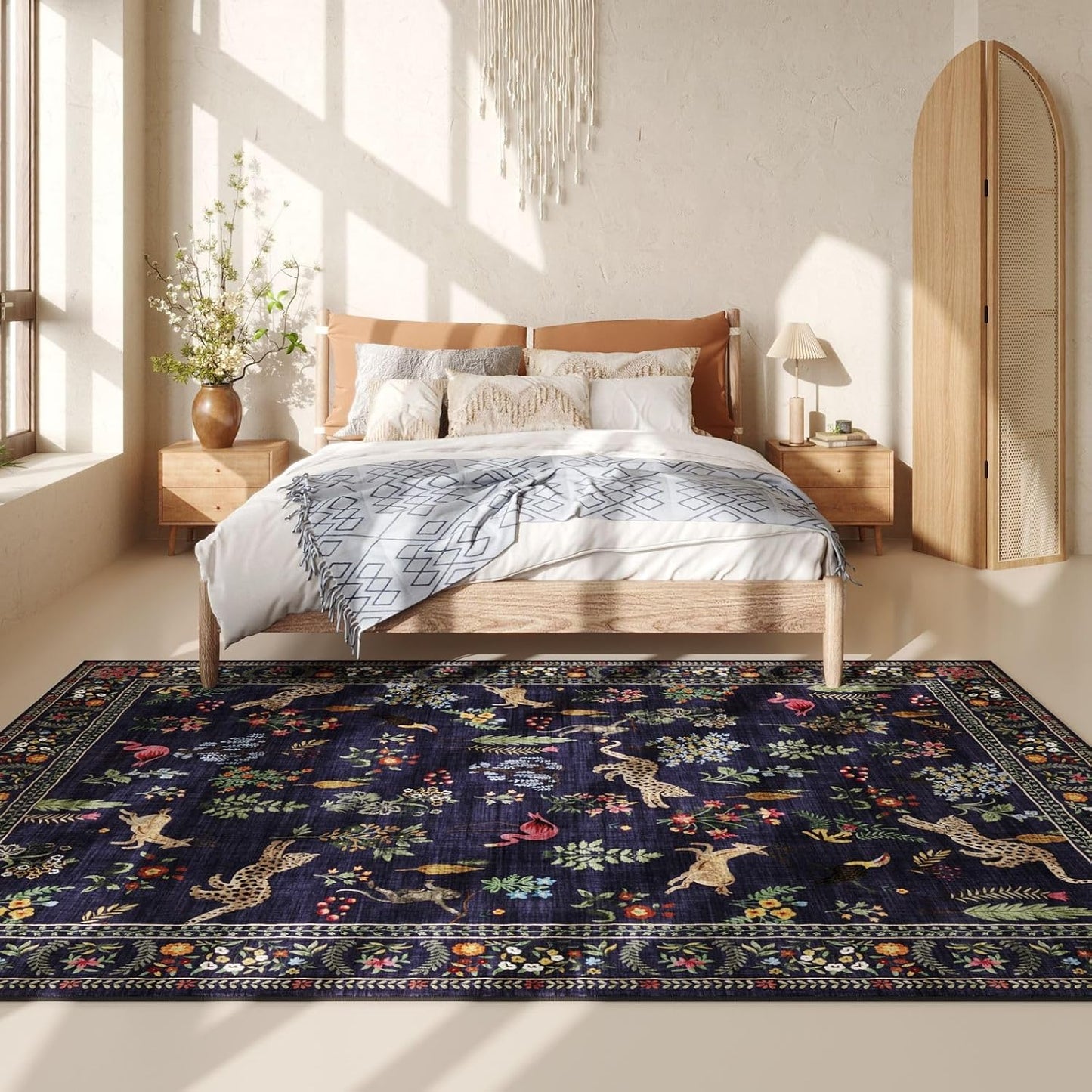 Rugcomf Living Room Rug 5x7 Rug Machine Washable Boho Area Rug Non Slip Floral Animal Vintage Low Pile Large Rugs for Living Room, Bedroom, Farmhouse, Dining Room, Kids Playroom (Blue)